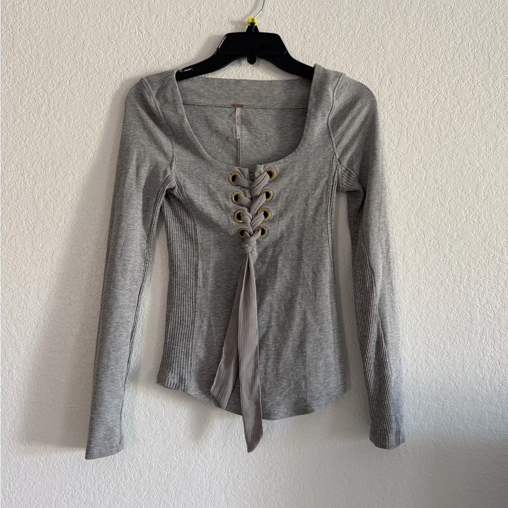 Free People Gray Lace-Up Bodysuit